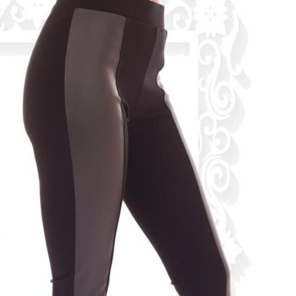 TRIBE Tummy Control Black Leggings With Faux Leather Panel Size Small NWT - Picture 3 of 5